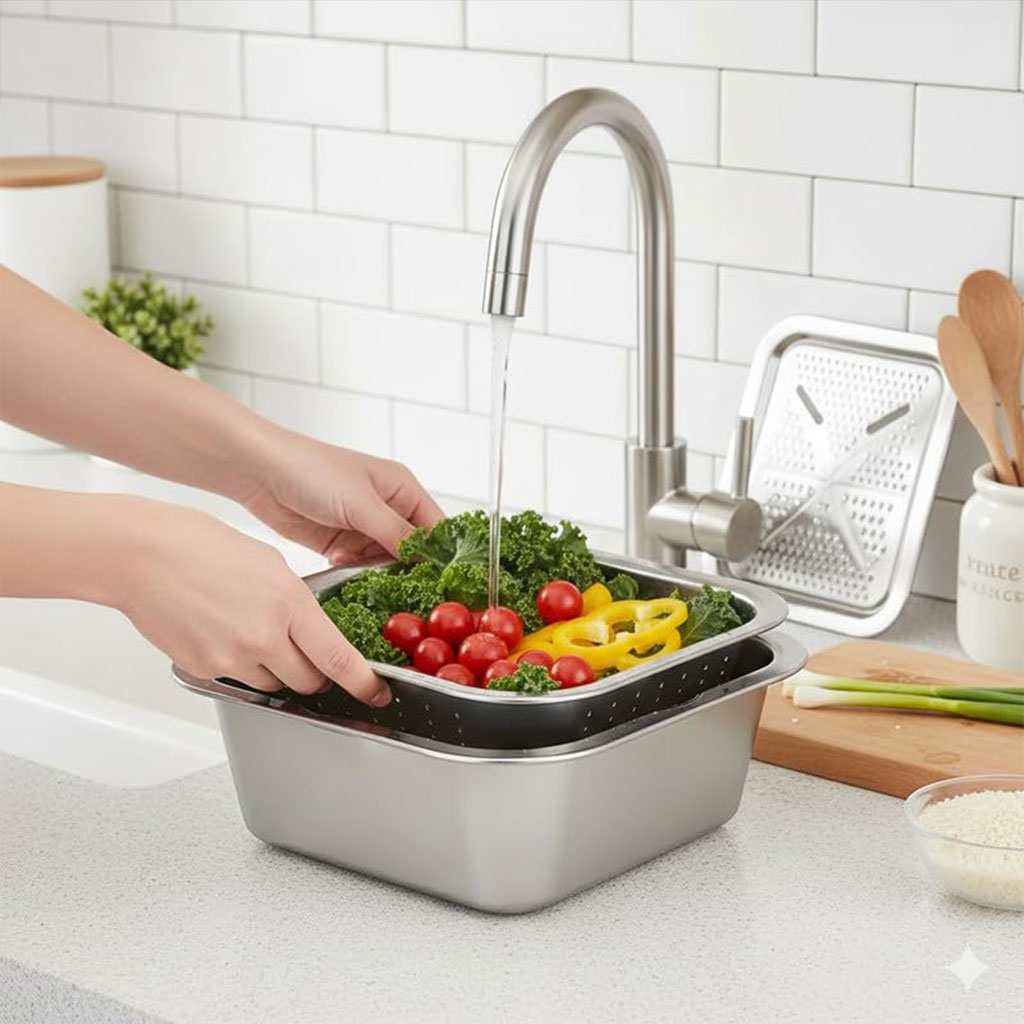 Râpe multifonctionnelle Delaval en acier inoxydable avec panier d’égouttage 3EN1 – مفرمة وقطاعة خضر متعددة الإستعمالات